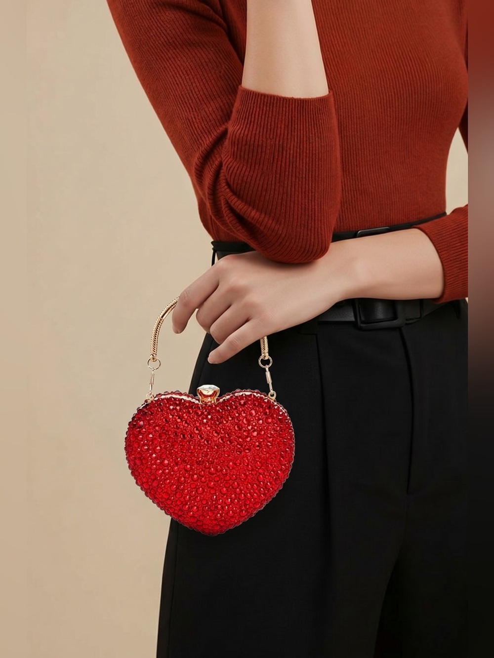 Ramla BWOT Red Heart Shape Bag with short/ Long chain Handle with Gold hardware.